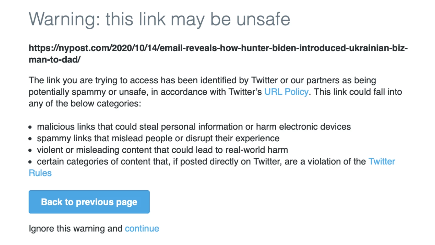 Twitter page when accessing Hunter Biden story